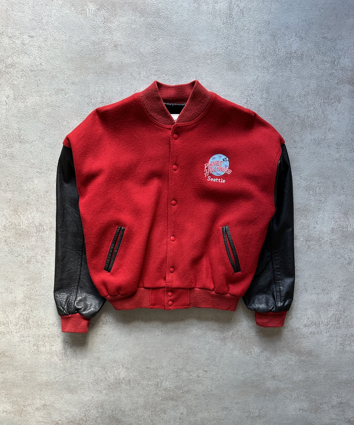 VINTAGE 1991 PLANET HOLLYWOOD SEATTLE VARSITY JACKET - MEDIUM