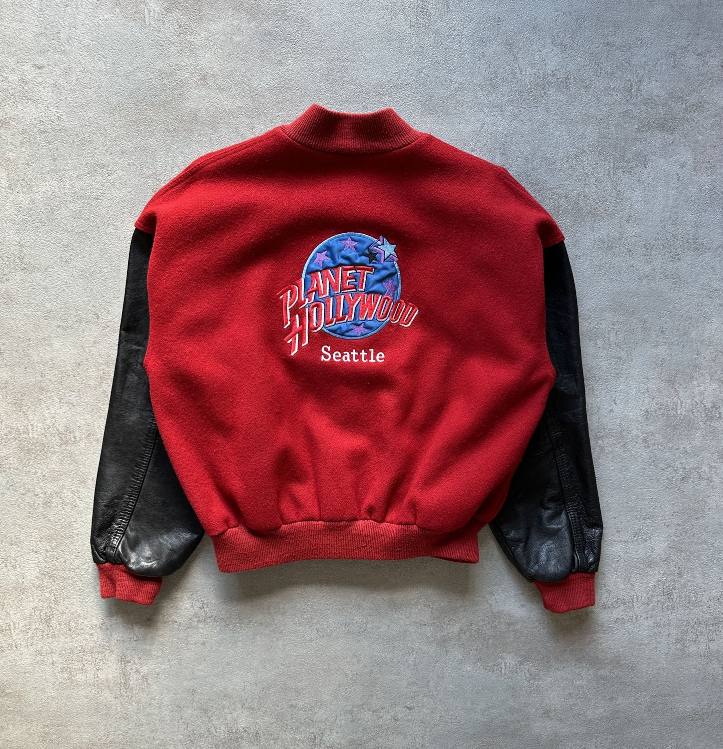 VINTAGE 1991 PLANET HOLLYWOOD SEATTLE VARSITY JACKET - MEDIUM