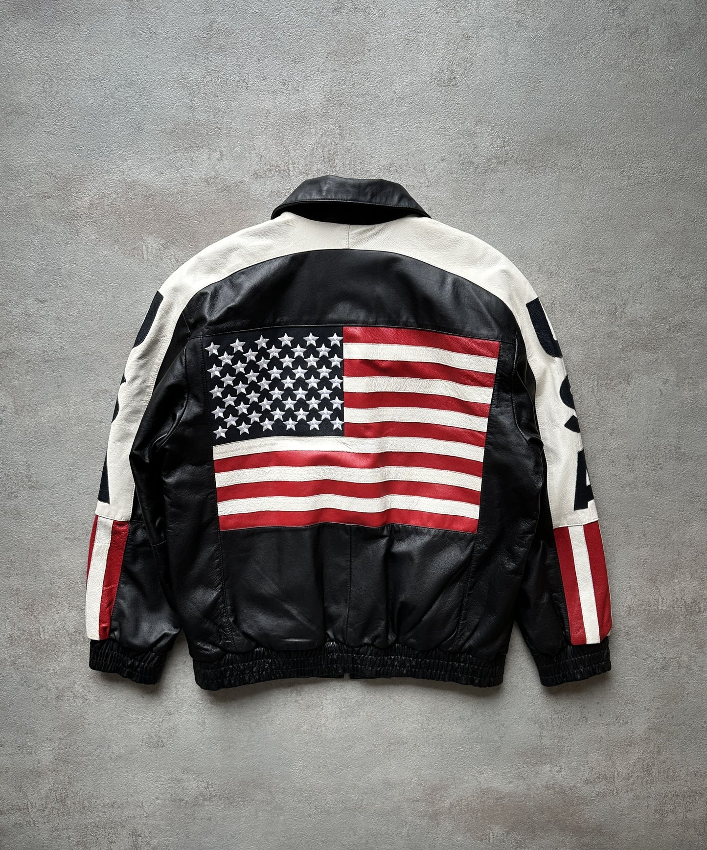 VINTAGE USA FLAG LEATHER JACKET - LARGE