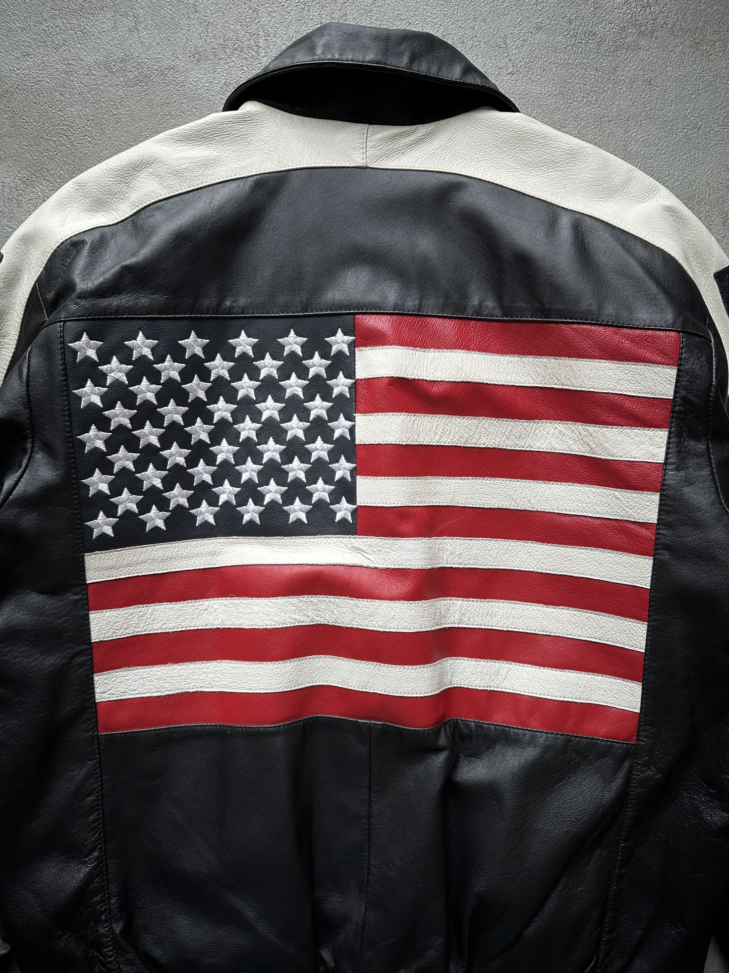 VINTAGE USA FLAG LEATHER JACKET - LARGE